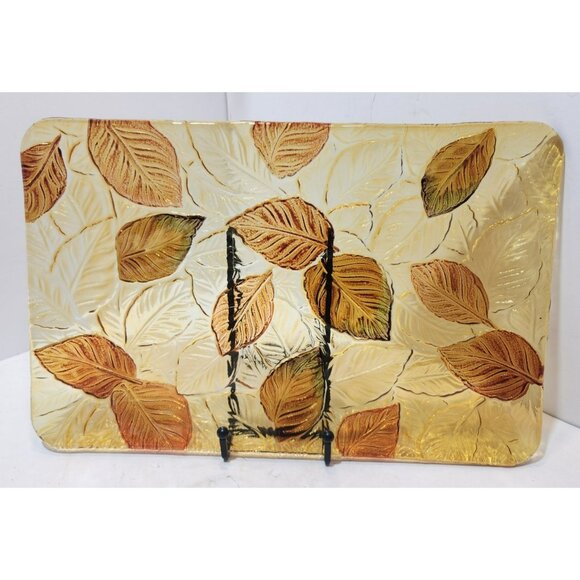 Vtg Fused Glass Rectangular Flat Textured Serving Dish Fall Leaves 9x14 Inches - Picture 1 of 10